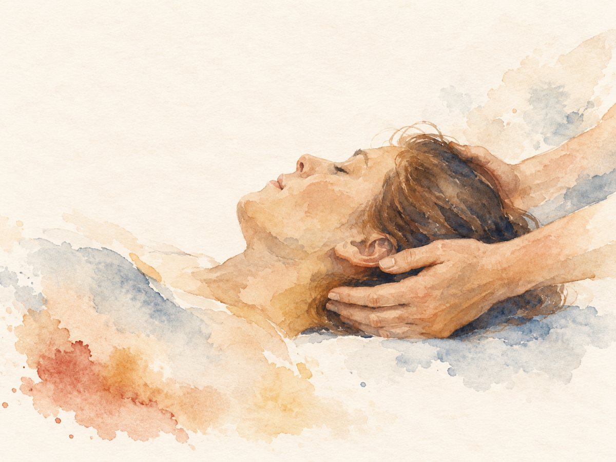 Aquarell: Hände halten behutsam den Kopf einer liegenden Person