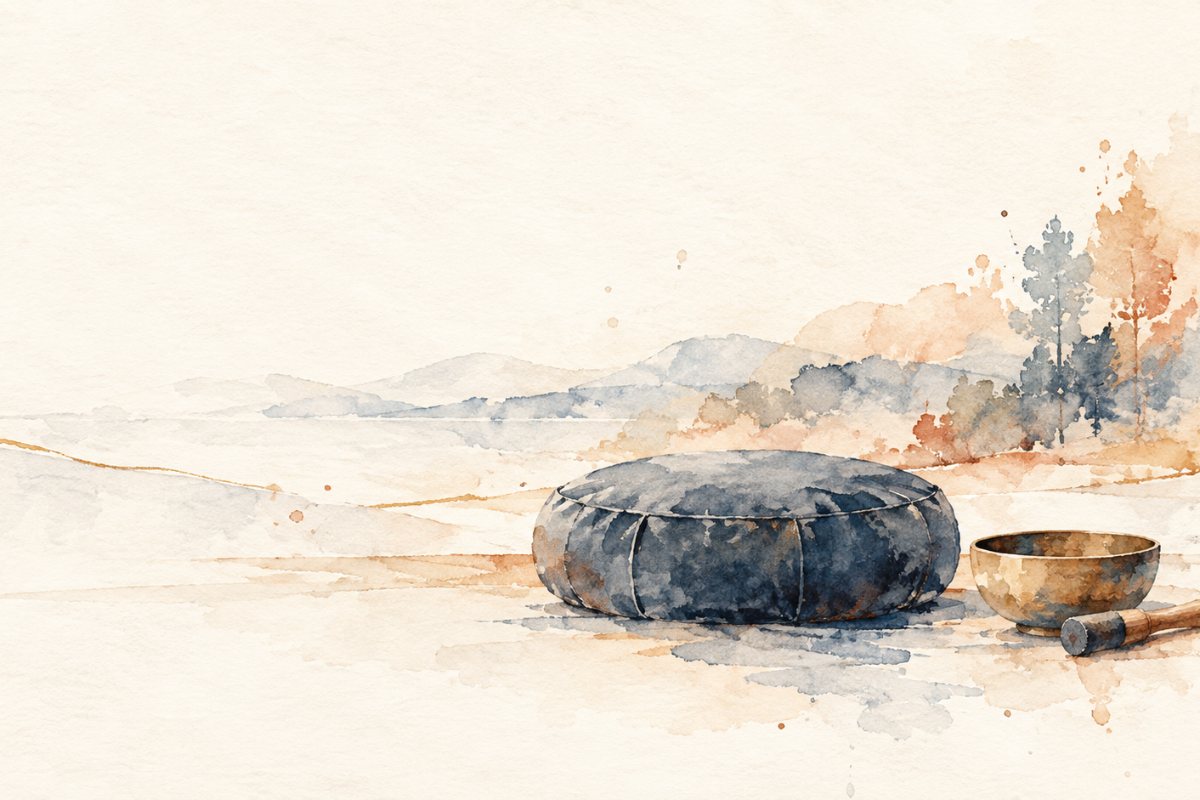 Aquarell: Meditationskissen und Klangschale vor einer stillen Landschaft