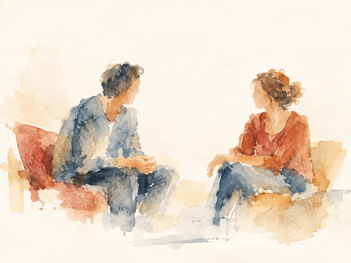 Aquarell: zwei Menschen sitzen sich im Gespräch gegenüber