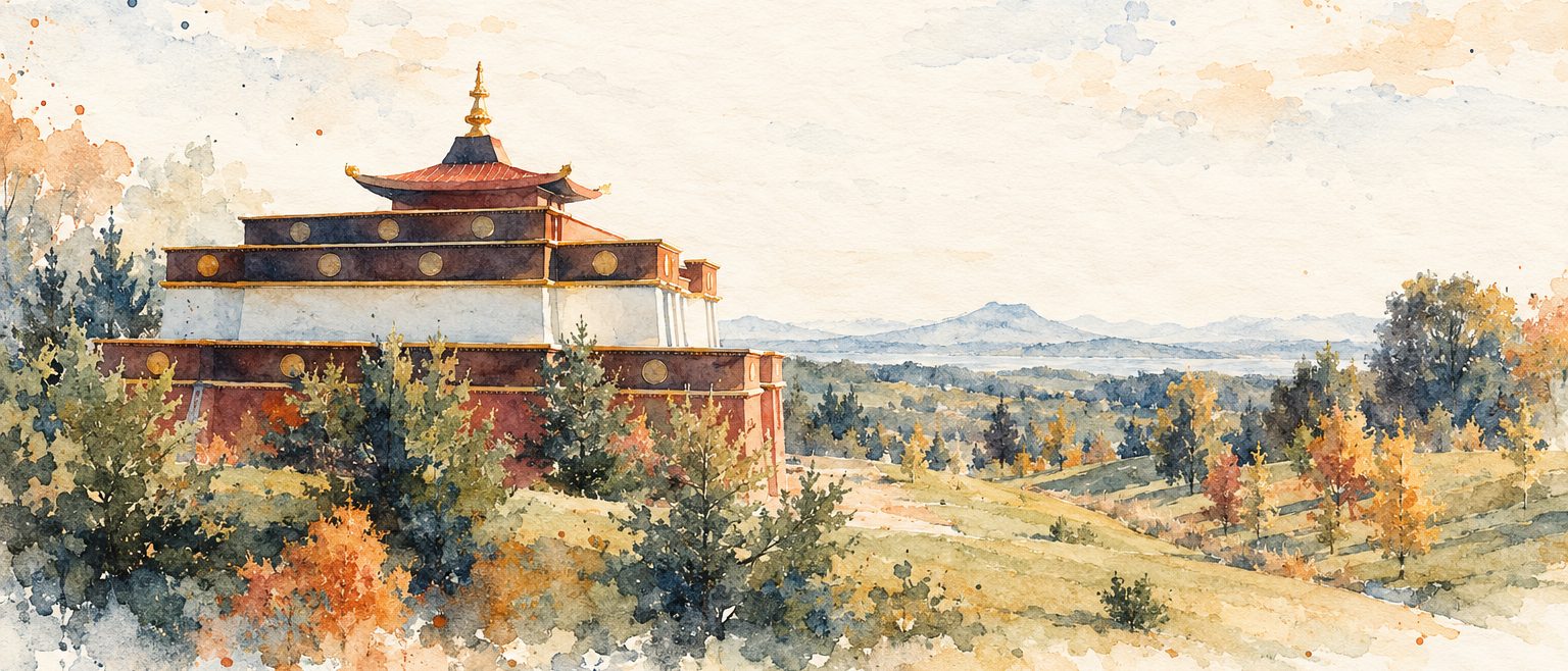 Aquarell: Tempel in einer herbstlichen Hügellandschaft